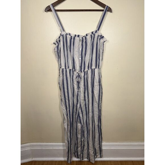 Lily Rose Pants - Lily Rose NWT Linen Blend Navy Cream Striped Jumpsuit Size L Wide Leg Pockets